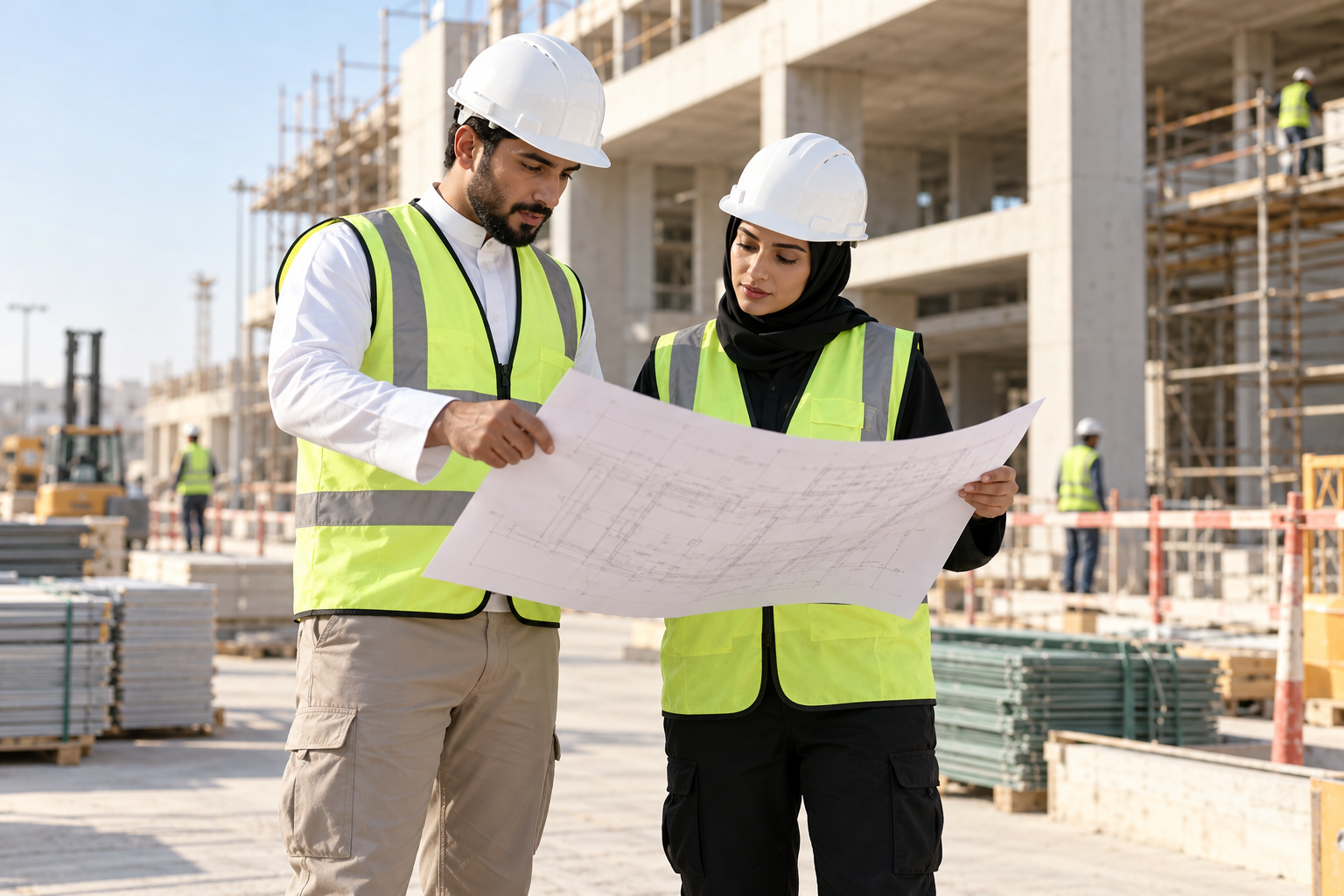 مهندسان يرتديان معدات السلامة ويراجعان مخططًا في موقع عمل