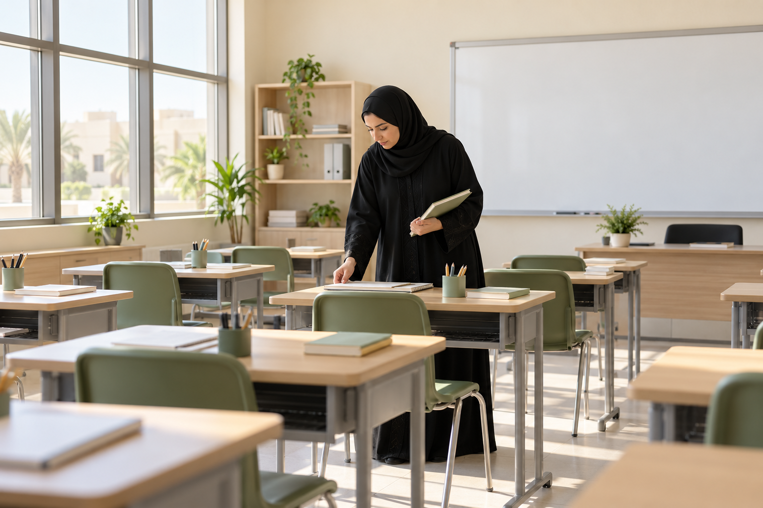معلمة تراجع تجهيز قاعة تعليم