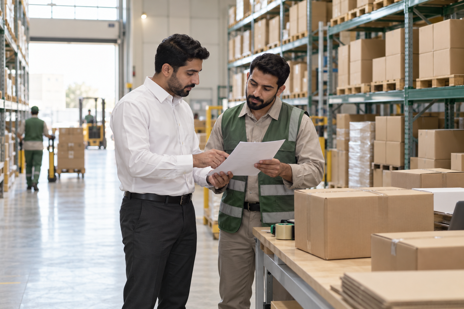مشرف عمليات يناقش طلبًا مع موظف داخل مستودع