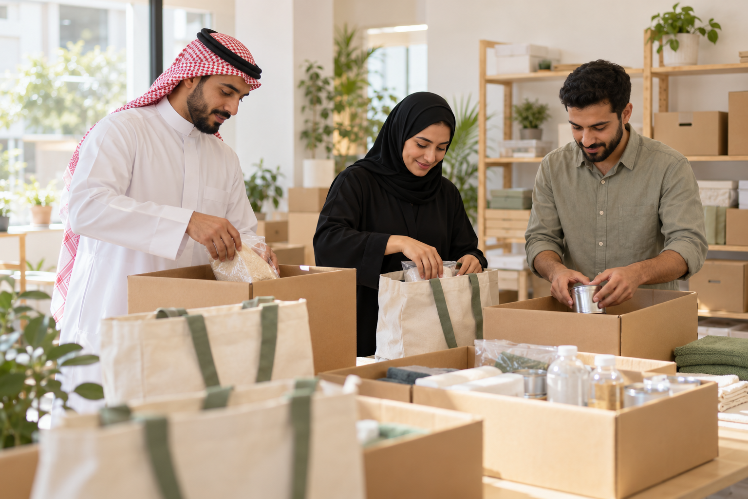 فريق جمعية يجهز مواد الدعم في مقر الجمعية